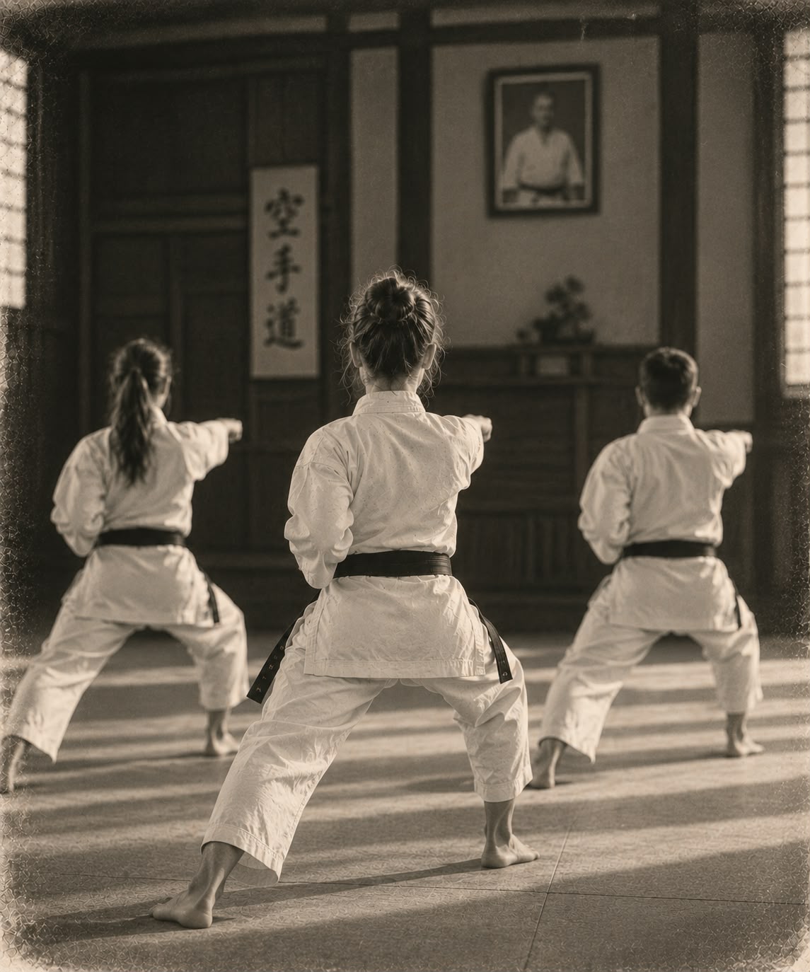 Visuel fourni : trois pratiquants de karaté en entraînement dans un dojo, en tons sépia